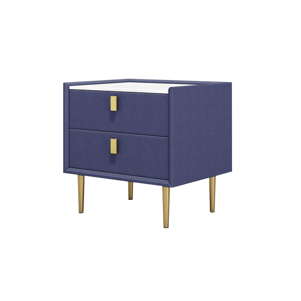 Modern Nightstand with 2 Drawers PU Leather Nightstand with Glod Legs Blue