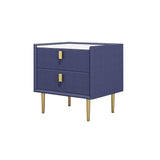 Modern Nightstand with 2 Drawers PU Leather Nightstand with Glod Legs Blue