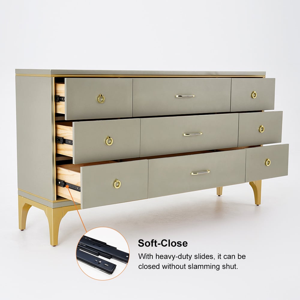 Contemporary 9-Drawer Champagne Bedroom Dresser for Storage in Gold Metal & MDF & Solid Wood & Brass