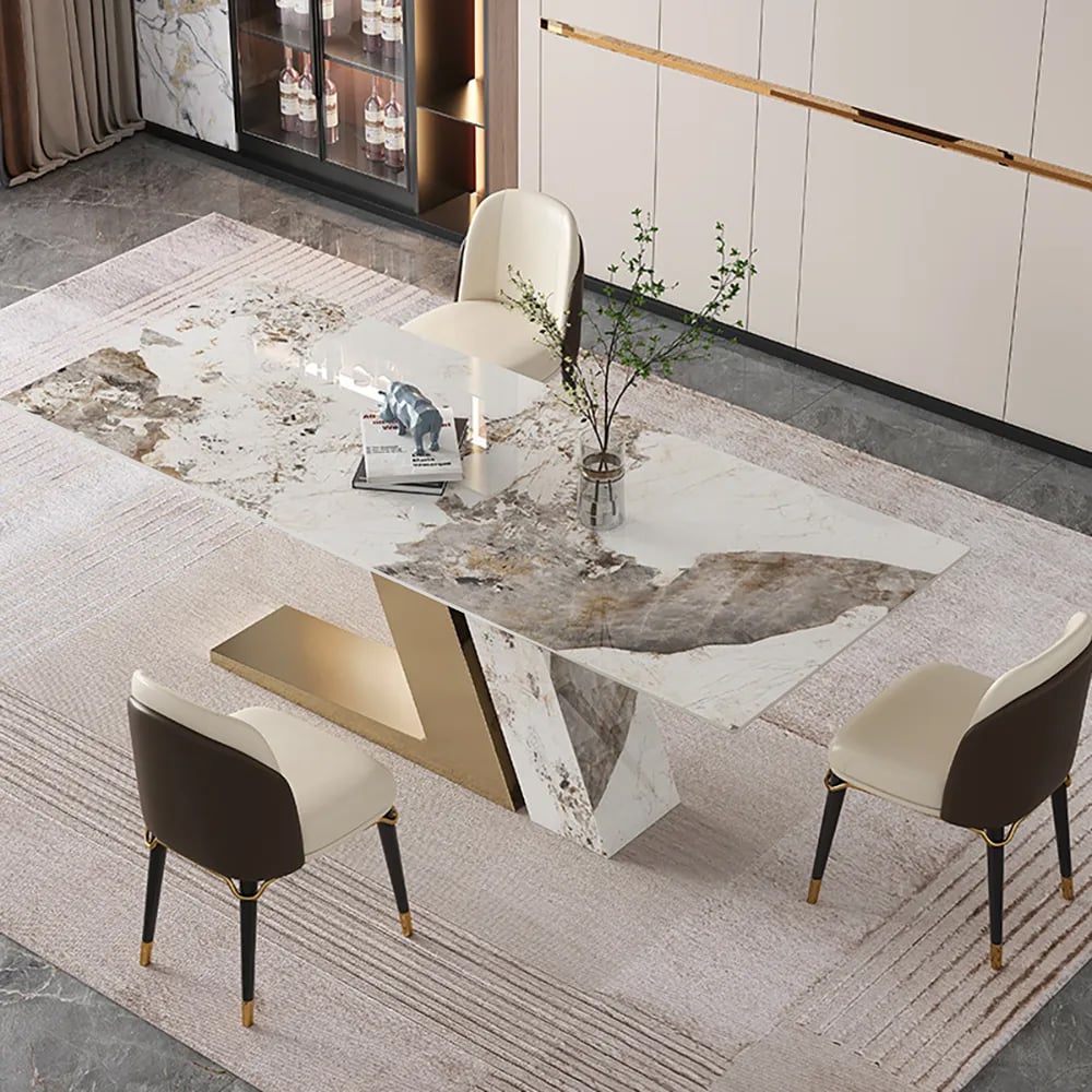 Luxotic Rectangle Modern Sintered Stone Top Dining Table for 6 Stainless Steel Gold With Chairs