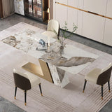 Luxotic Rectangle Modern Sintered Stone Top Dining Table for 6 Stainless Steel Gold With Chairs