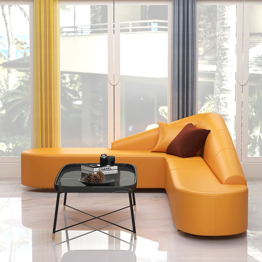 Modern L-Shaped Corner Sectional Sofa for Living Room Faux Leather Upholstery Orange