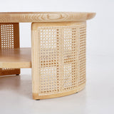 Japandi Coffee Table with Round Rattan Base and Solid Wood Top - Minimalist Design Natural