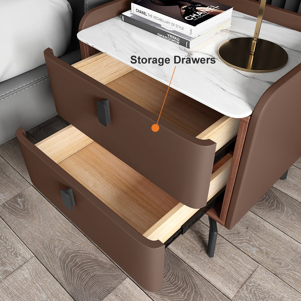 Modern Luxury 2 Drawers Bedroom Nightstand Sintered Stone Bedside Table Brown