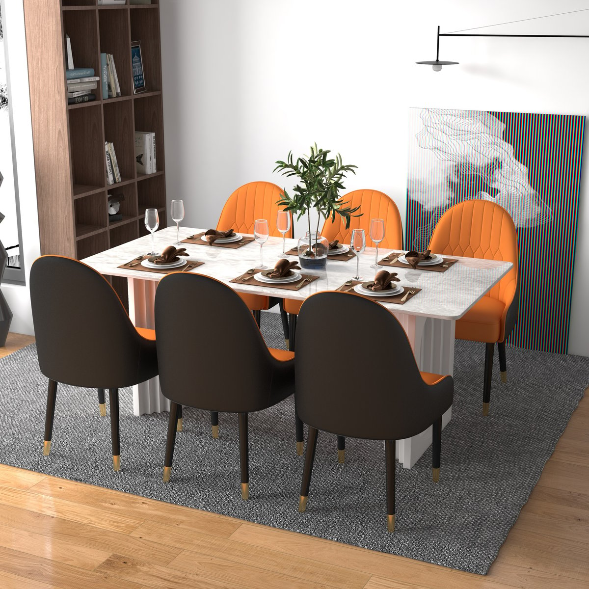 Modern PU Leather (Set of 2) Dining Chairs with Metal Legs Orange & Black