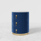 Modern Velvet Nightstand with Storage Sintered Stone Top Round Nightstand with 3 Drawers Blue