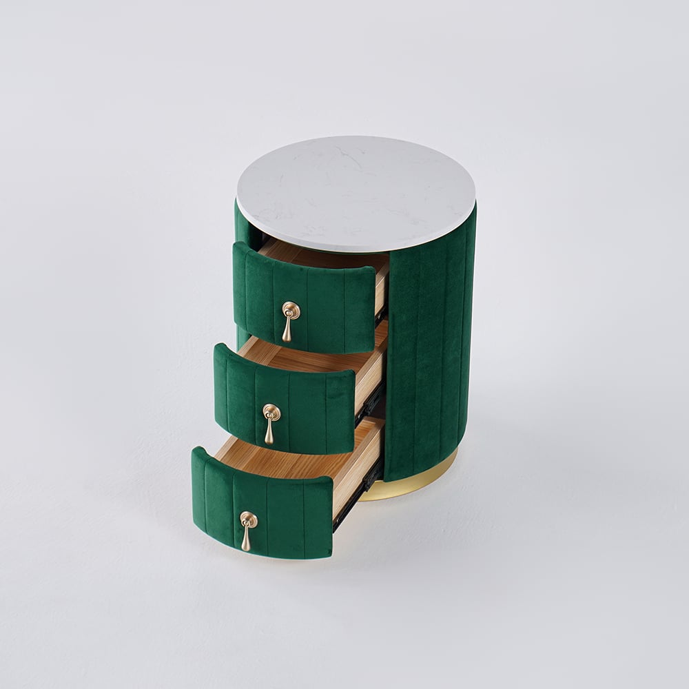 Modern Velvet Nightstand with Storage Sintered Stone Top Round Nightstand with 3 Drawers Green