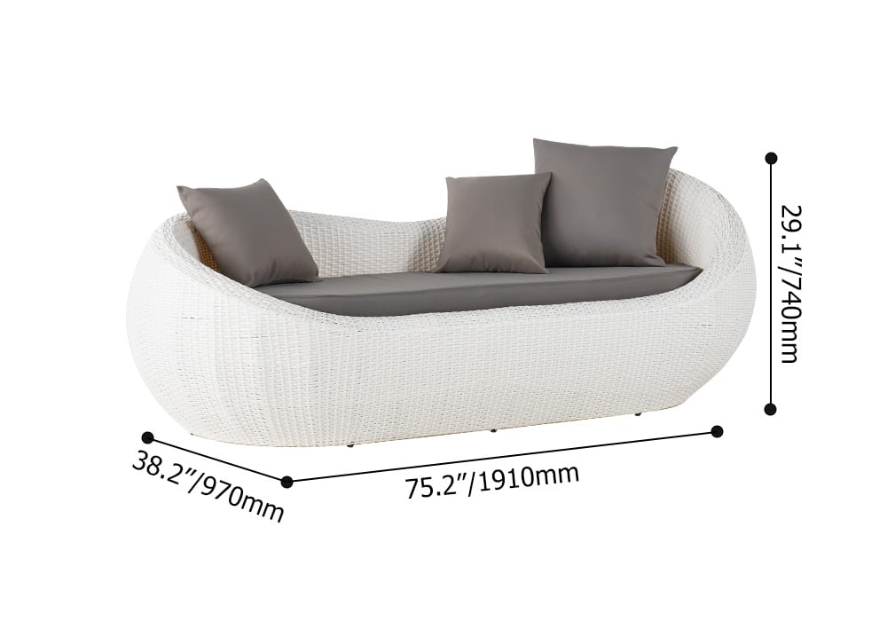 White Woven Rattan Round 75.2" Outdoor Sofa with Cushion & Pillow and Curved Back White