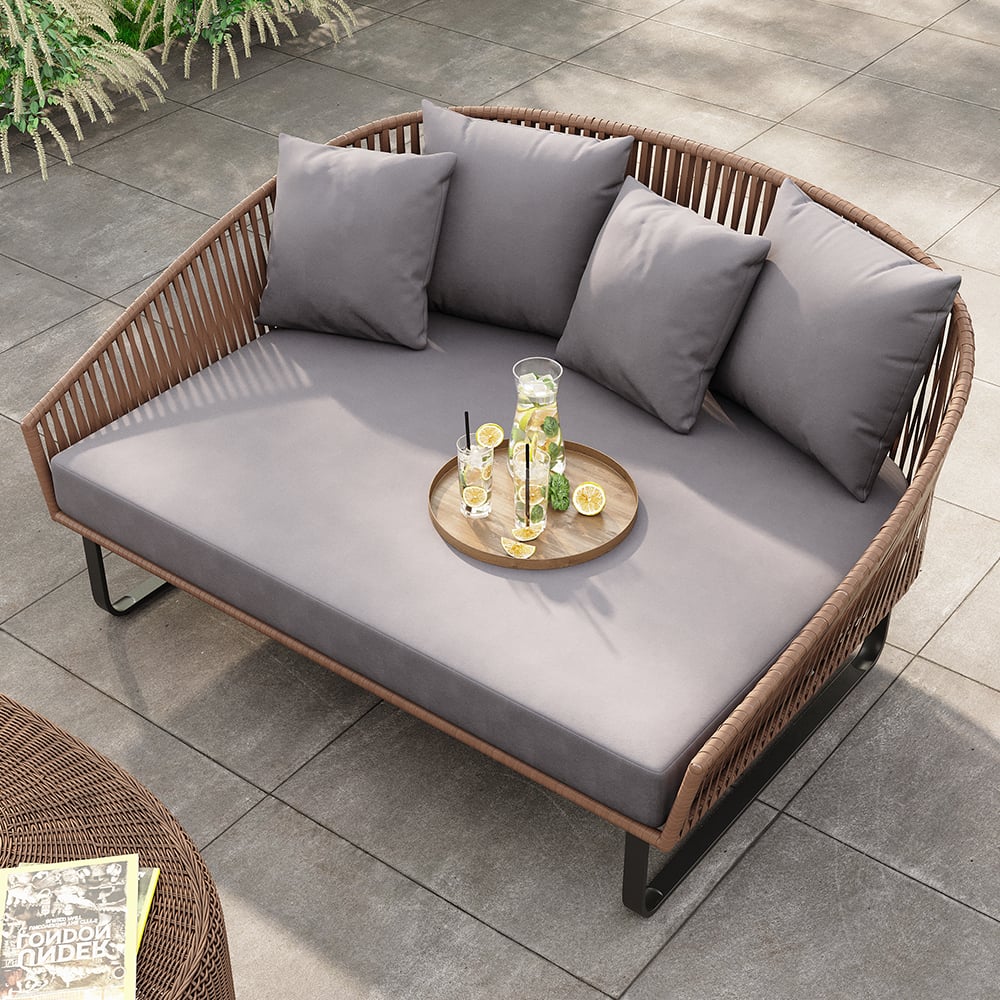 63" Rattan Outdoor Daybed with Gray Cushion Pillow Aluminum Frame Khaki