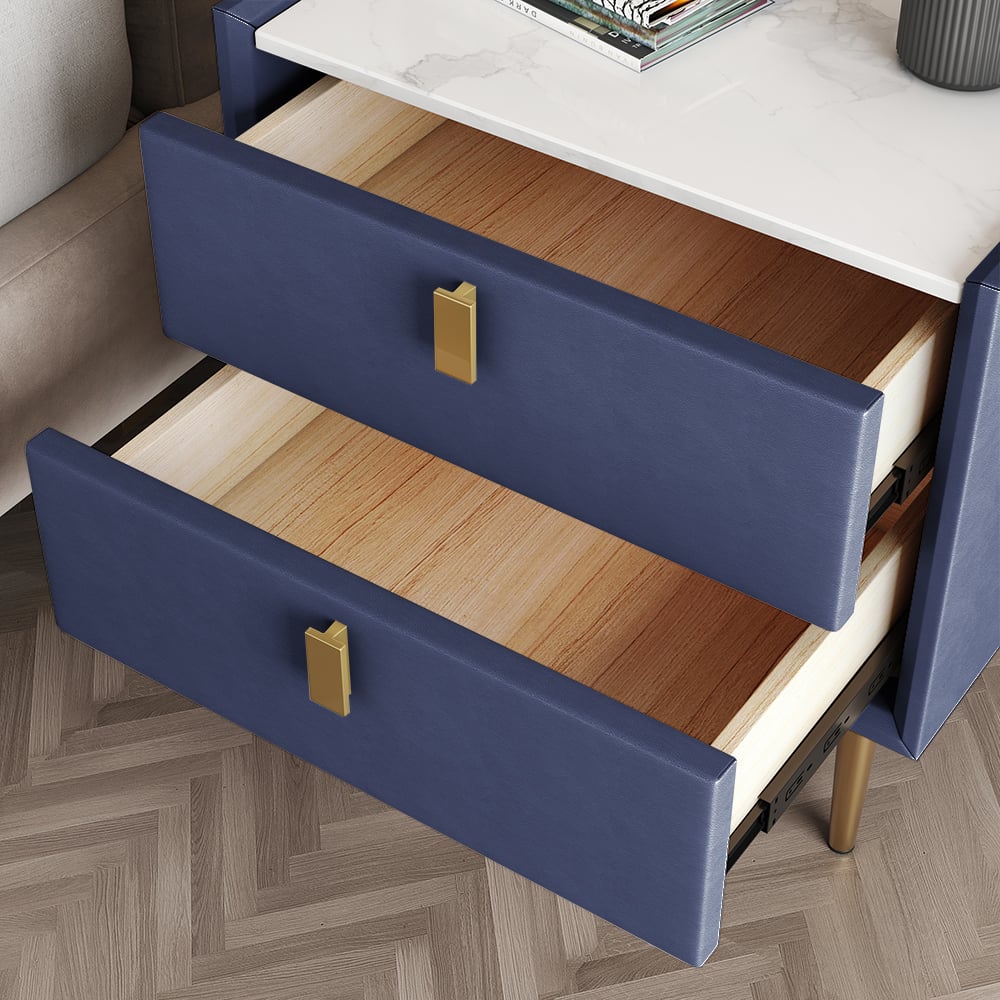 Modern Nightstand with 2 Drawers PU Leather Nightstand with Glod Legs Blue