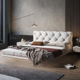 Modern King Floating Bed with Microfiber Upholstery Tufted Headboard in White White