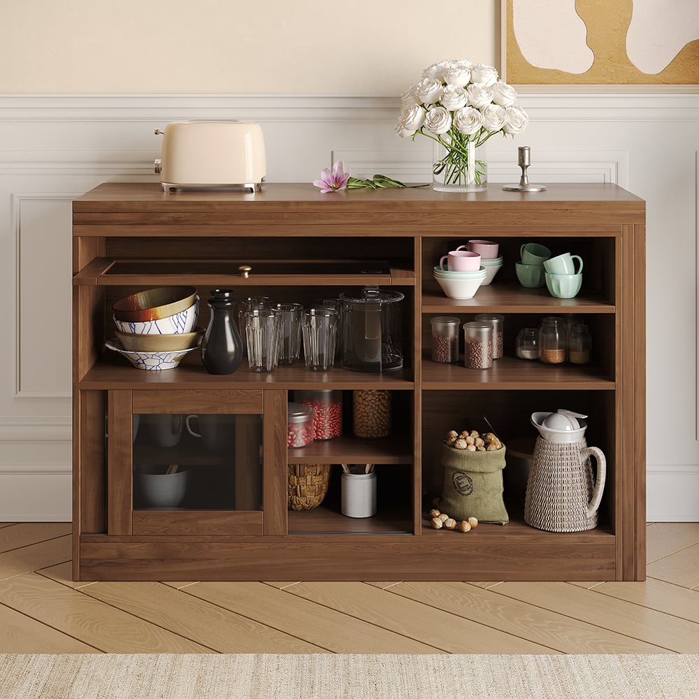 Storage Sideboard Cabinet Extendable Wood Buffet Foldable Dining Table Walnut