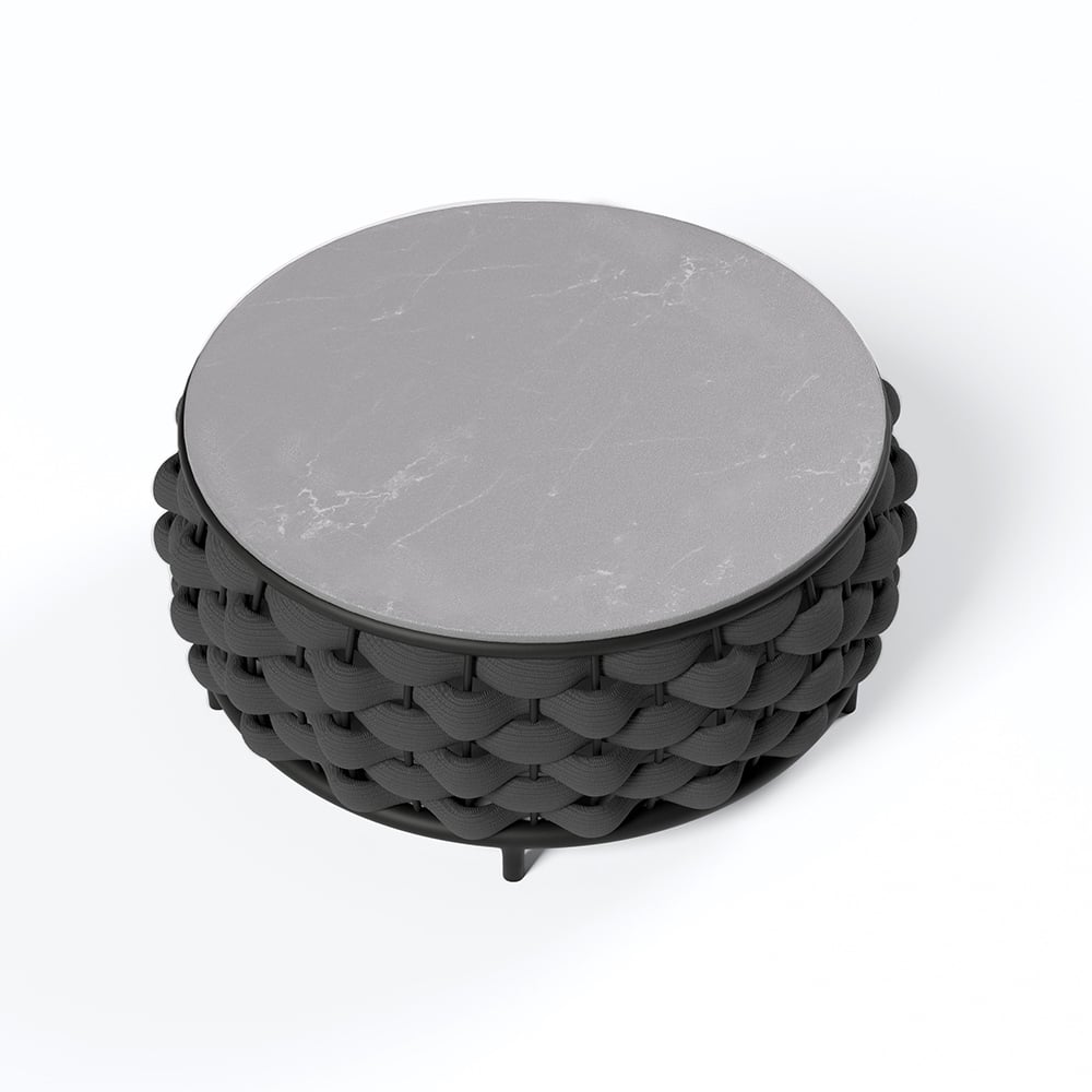 Tatta Sintered Stone-top Round Coffee Table with Textilene Rope Woven Base Black