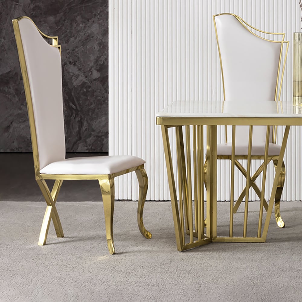 Modern Upholstered Dining Chairs Set of 2 High Back Side Chair Stainless Steel Legs White & Gold