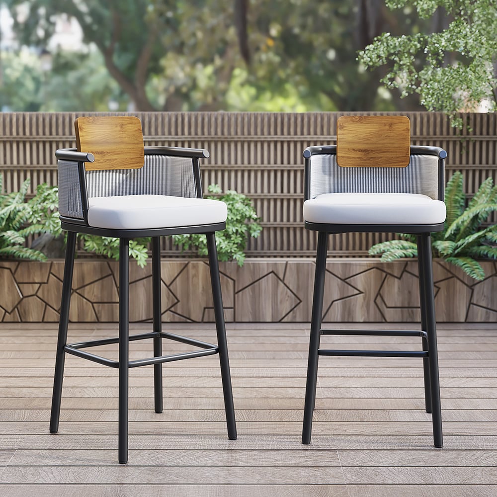 2 Pieces Outdoor Patio Teak & Aluminum 41" Bar Stools Set with Backs White & Black