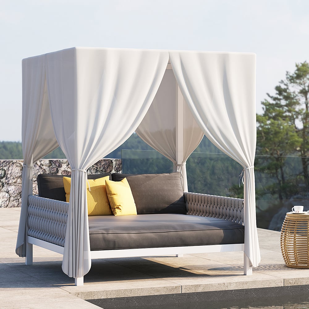 White Aluminum & Gray Woven Rope 2-Person Outdoor Patio Daybed with Canopy Curtains White & Gray