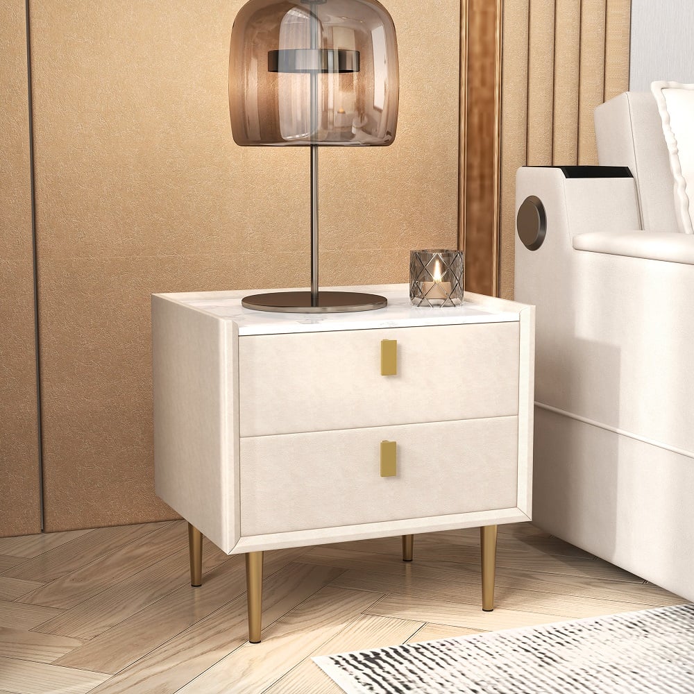 Modern Nightstand with 2 Drawers PU Leather Nightstand with Glod Legs White