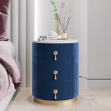 Modern Velvet Nightstand with Storage Sintered Stone Top Round Nightstand with 3 Drawers Blue