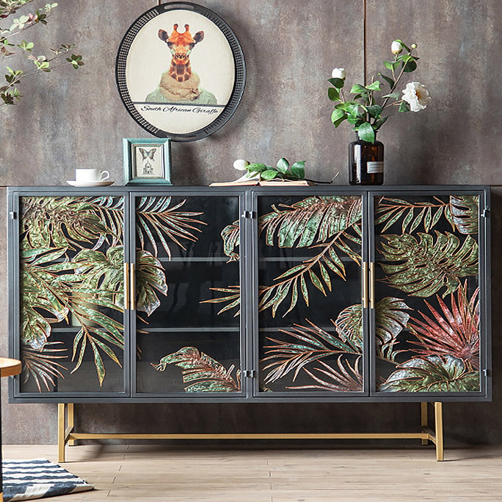 Modern Sideboard Buffet Colored Drawing Surface Tempered Glass Doors 70.9"W x 15"D x 37.4"H