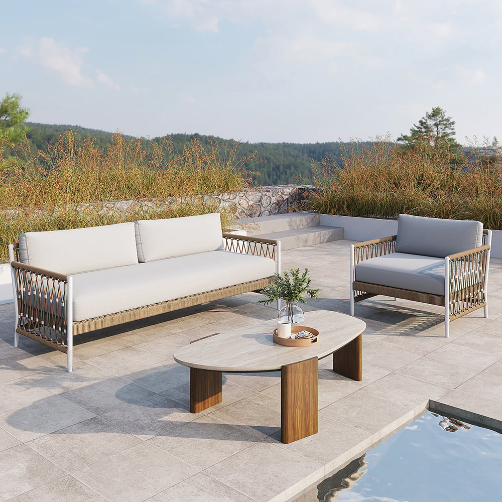 Modern Geometric Beige Outdoor Patio Travertine Coffee Table with Wood Stand in Walnut Walnut