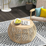 31.5" Boho Natural Round Patio Rattan Coffee Table with Wood-Top Beige