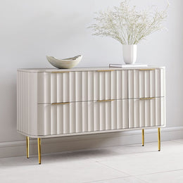 Nature-Inspired Horizontal Dresser Cabinet – 6 Drawer Bedside Storage with Gold Finish Gold & White