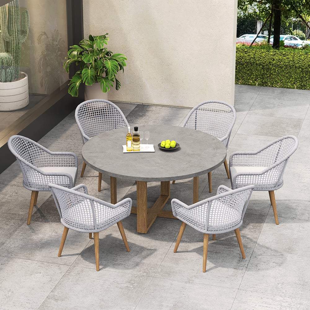 7 Pieces Teak Round Outdoor Concrete Dining Set with Gray Table Woven Armchair 6-Person Concrete Gray