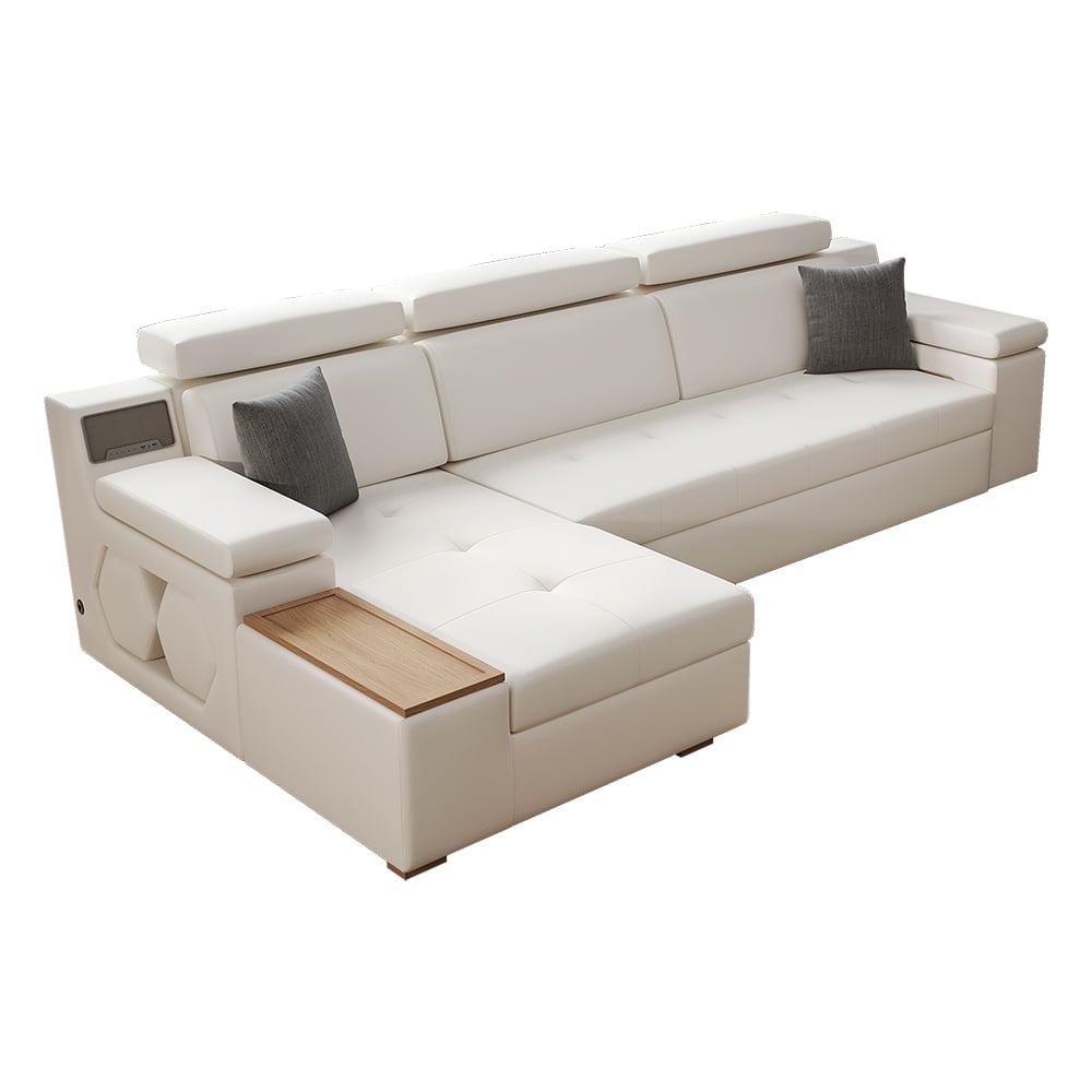 Sleeper Sectional Storage Sofa Pull Out Bed Headrest Adjustable with USB & Speaker White