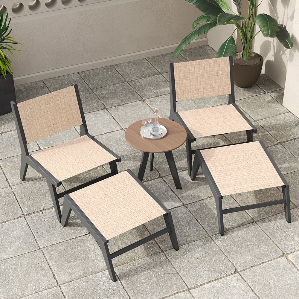 5Pcs Rustic Rattan Aluminum Outdoor Patio Lounge Chair Set Round Coffee Table & Stool Black & Brown