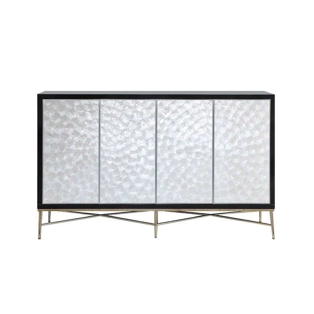 Modern Sideboard Buffet White Natural Shell Surface with Doors & Shelves White & Black