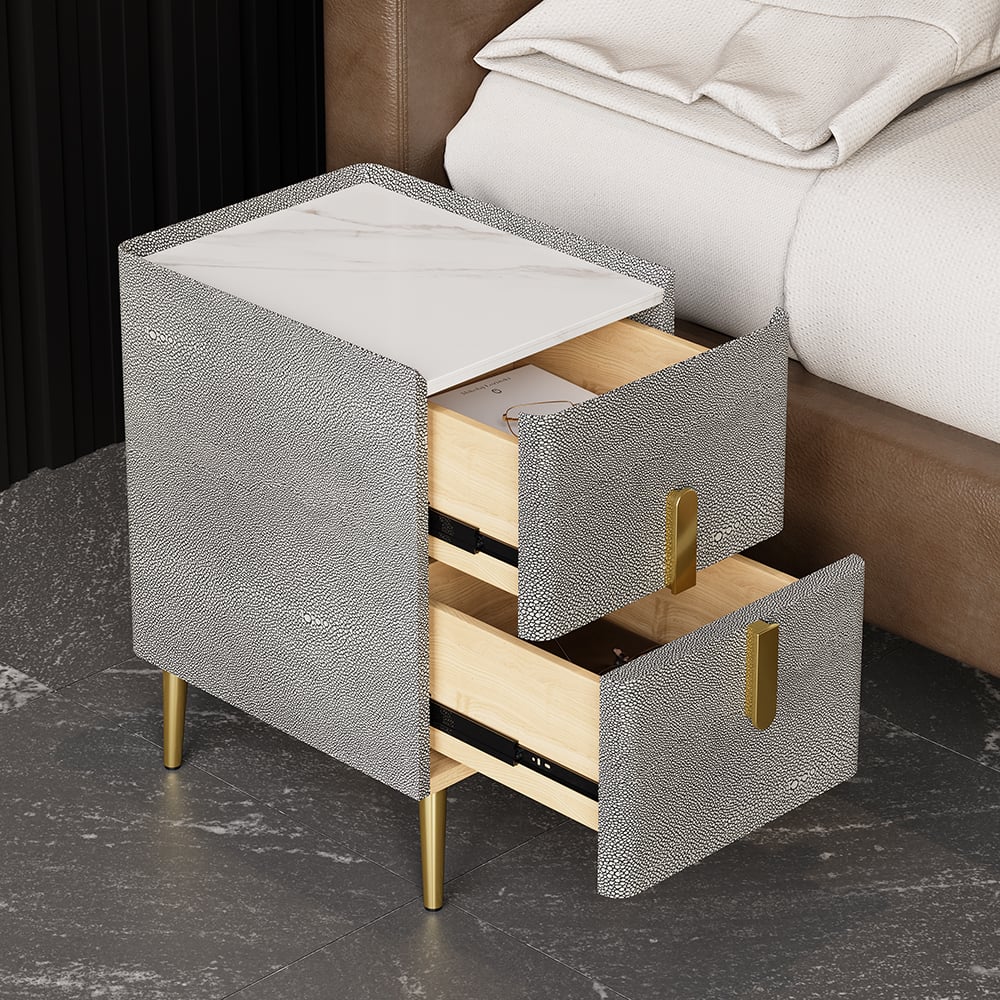 Inarrow Modern Shagreen Nightstand Bedside Table with 2 Drawers in Gold Legs Gray