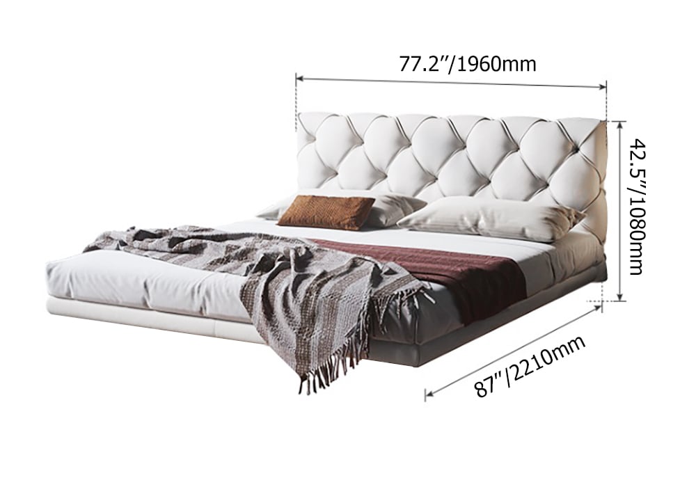 Modern King Floating Bed with Microfiber Upholstery Tufted Headboard in White White