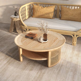 Japandi Coffee Table with Round Rattan Base and Solid Wood Top - Minimalist Design Natural