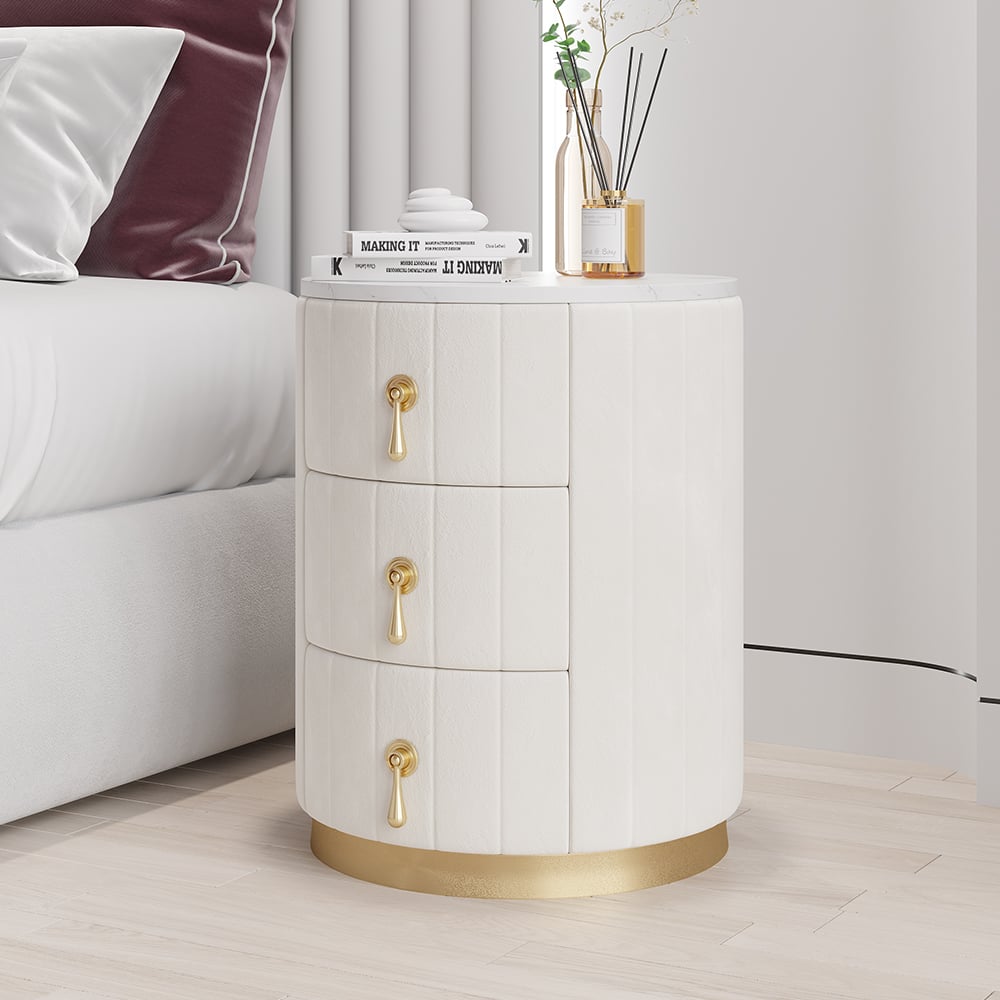 Modern Velvet Nightstand with Storage Sintered Stone Top Round Nightstand with 3 Drawers White