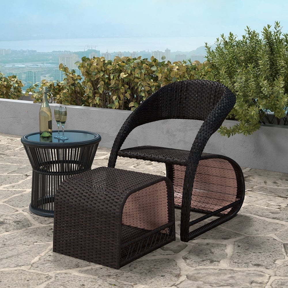 Outdoor PE Rattan Recliner Chair with Ottoman & Storage 2-Piece Set in Coffee Coffee