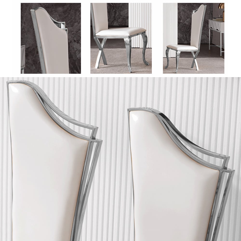 Modern Upholstered Dining Chairs Set of 2 High Back Side Chair Stainless Steel Legs White & Silver