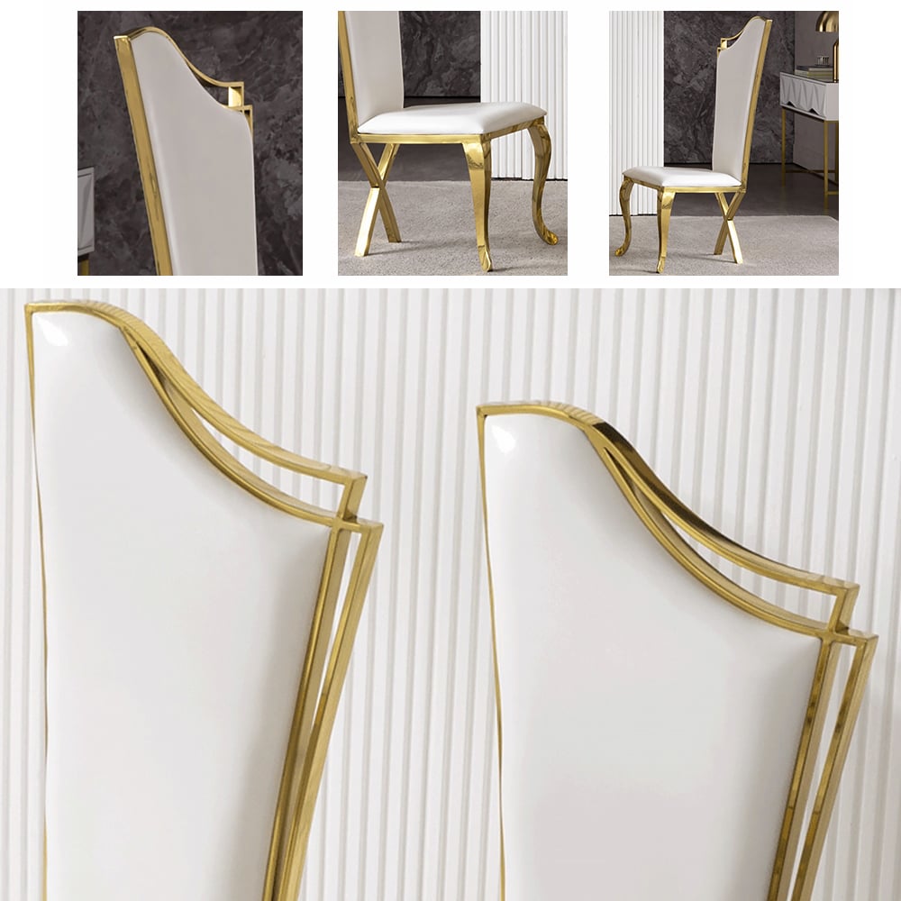 Modern Upholstered Dining Chairs Set of 2 High Back Side Chair Stainless Steel Legs White & Gold