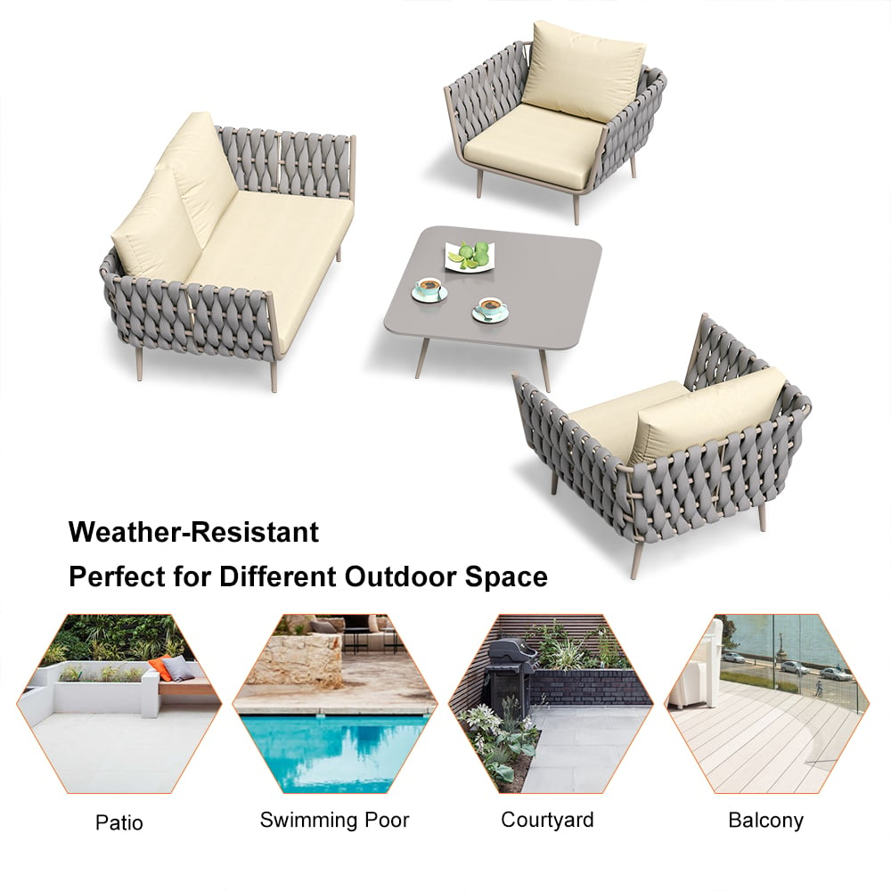 4 Pieces Outdoor Sectional Sofa Set with Webbing Seats and Cushions in Beige & Gray Beige