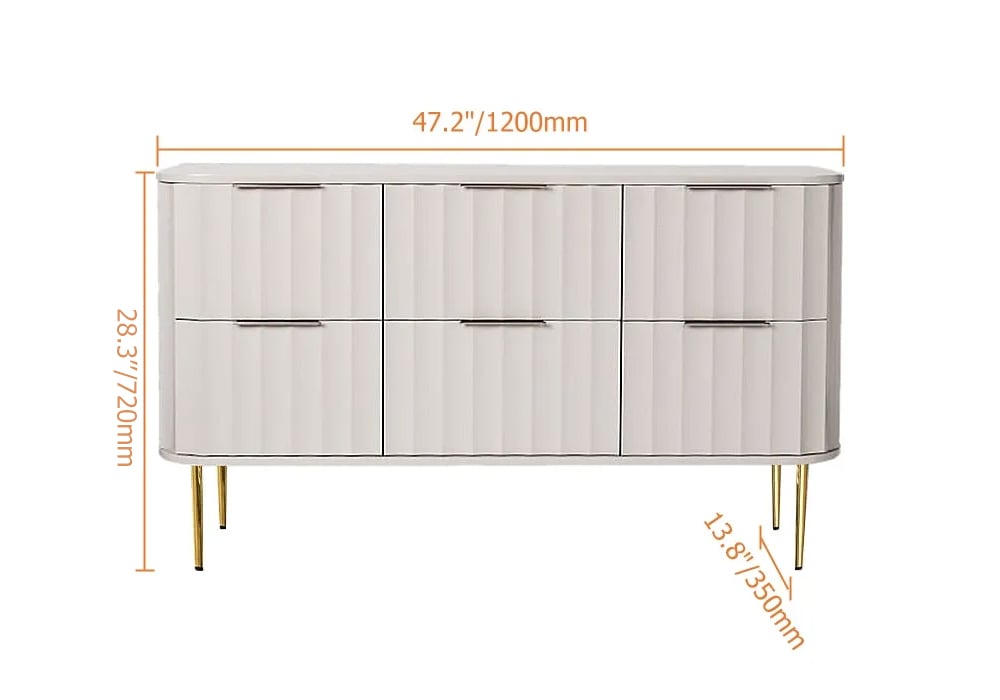 Nature-Inspired Horizontal Dresser Cabinet – 6 Drawer Bedside Storage with Gold Finish Gold & White