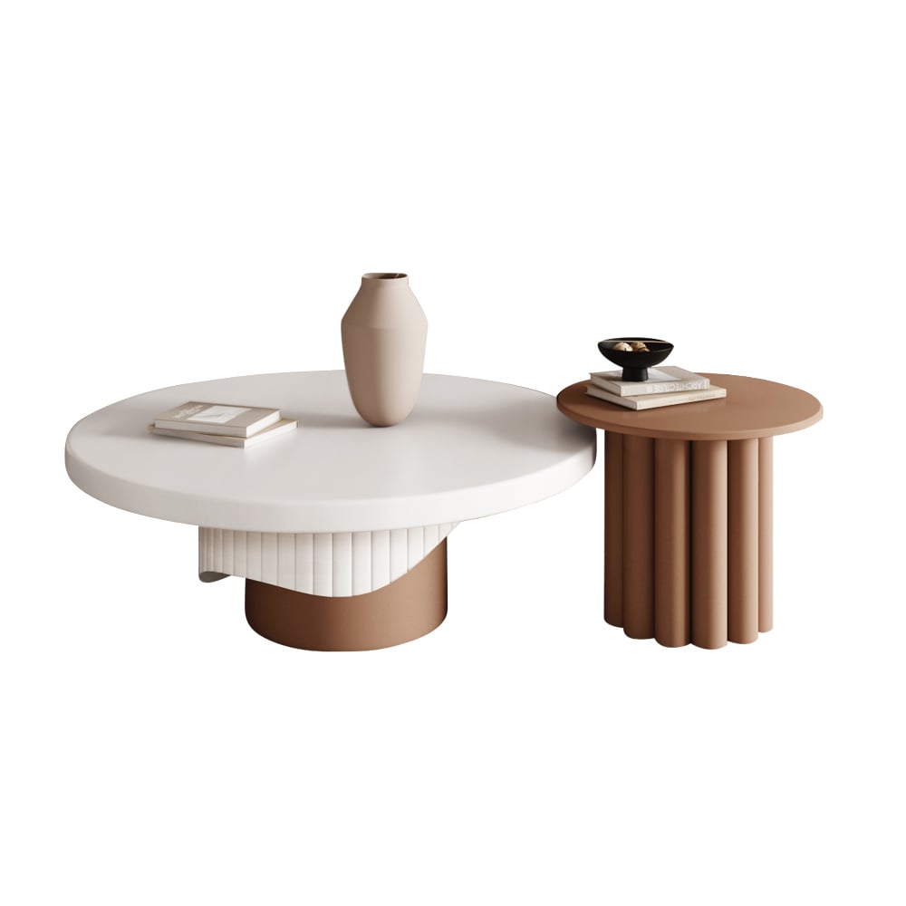 Yarnic 2-Piece Round Wood Coffee Table Set with Fluted Base in White & Walnut White & Walnut