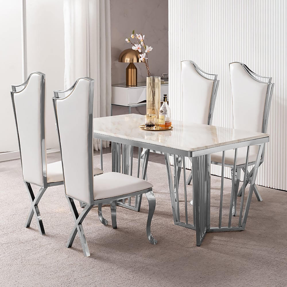 Modern Upholstered Dining Chairs Set of 2 High Back Side Chair Stainless Steel Legs White & Silver