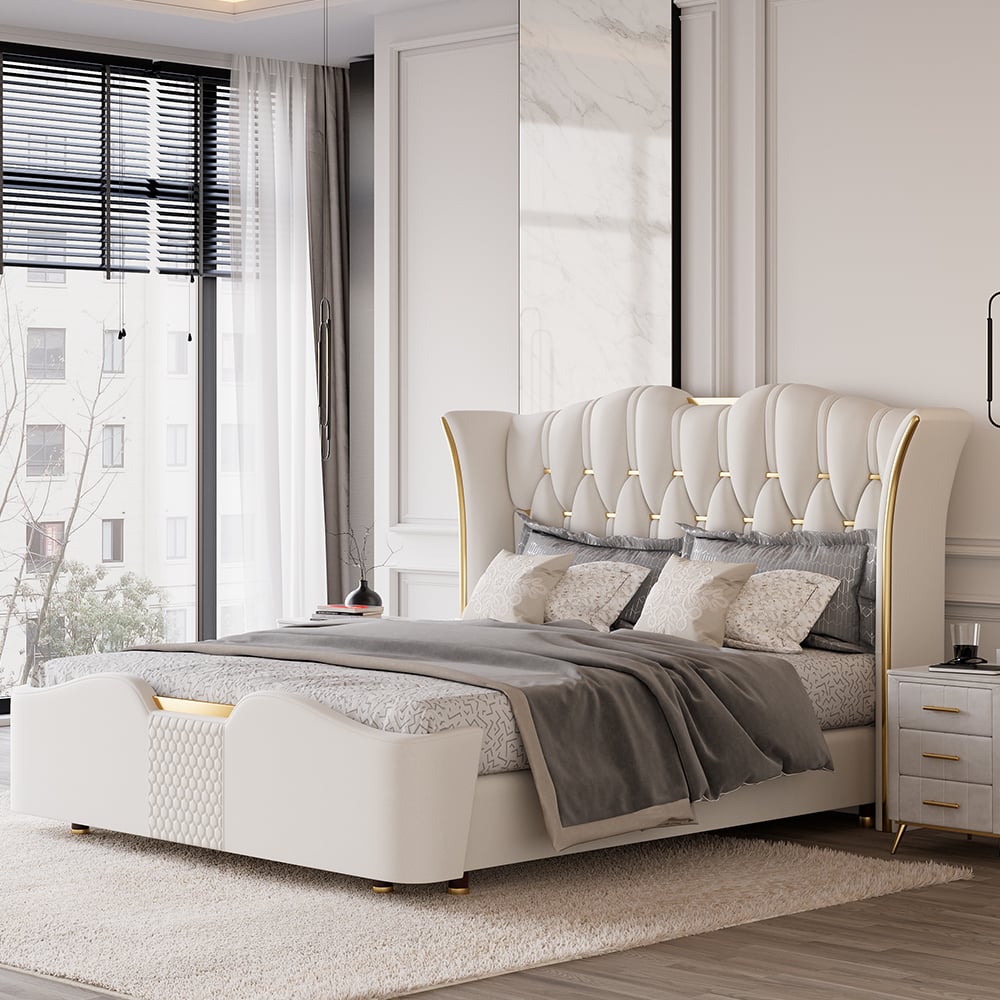 Modern Upholstered Tufted Bed with Wingback Headboard Off-White