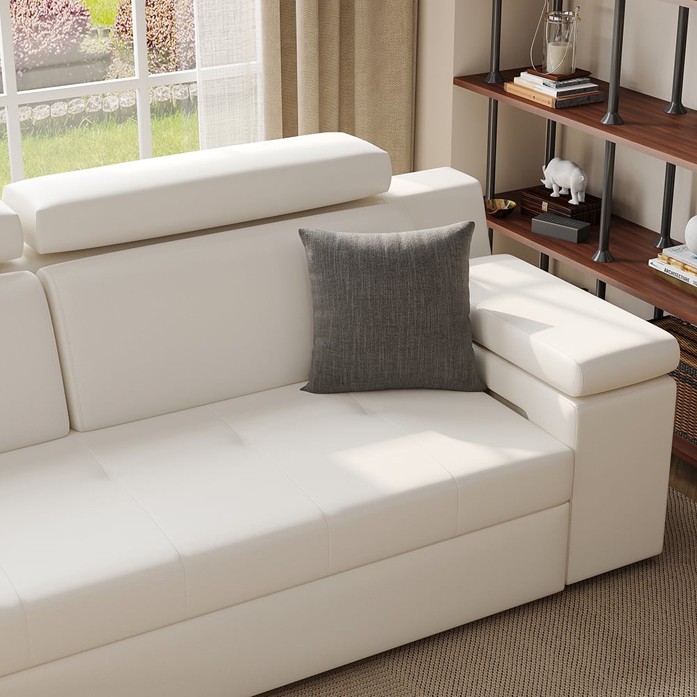 Sleeper Sectional Storage Sofa Pull Out Bed Headrest Adjustable with USB & Speaker White