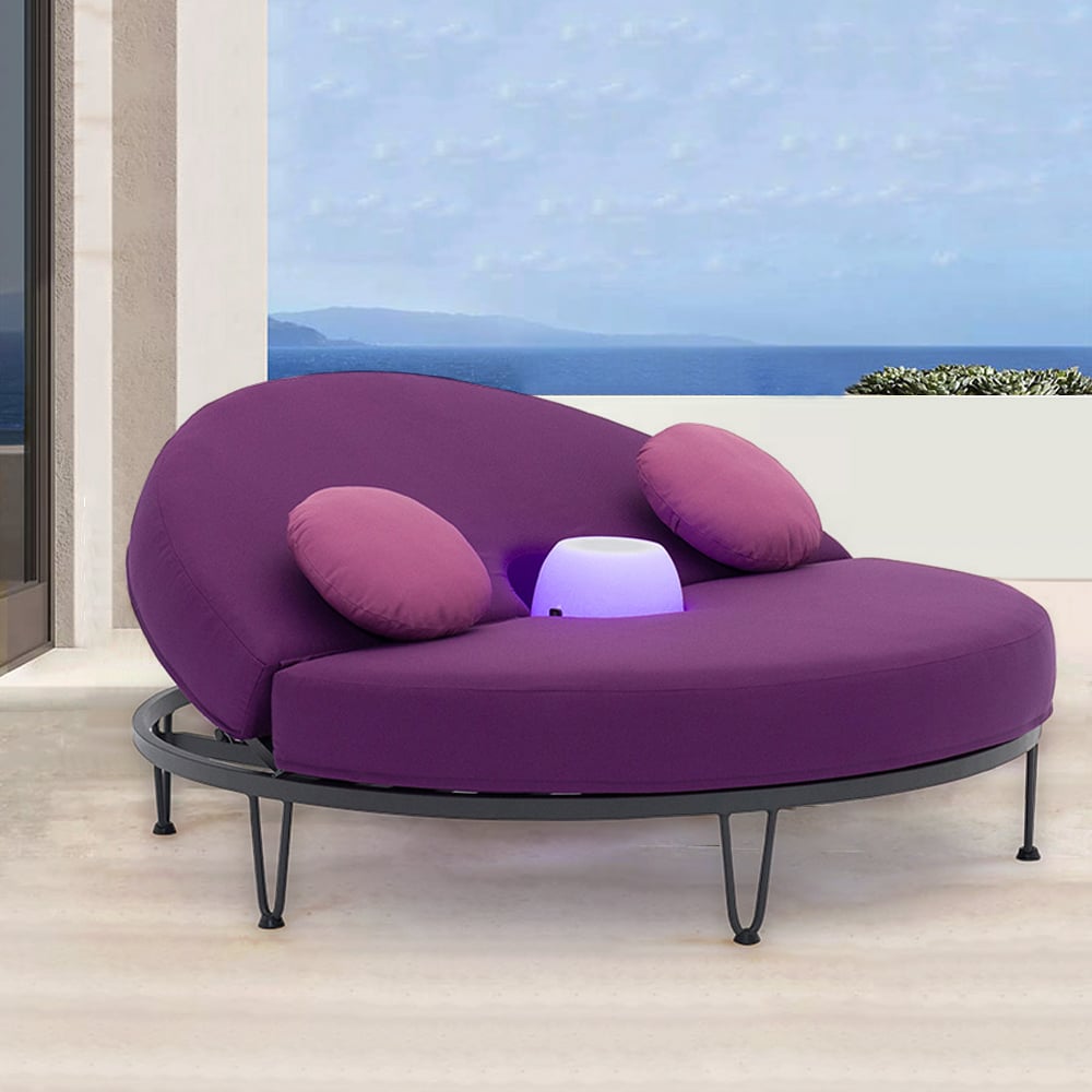 Patio Daybed Round Outdoor Daybed Convertible with Bluetooth Speaker LED and Pillow Purple