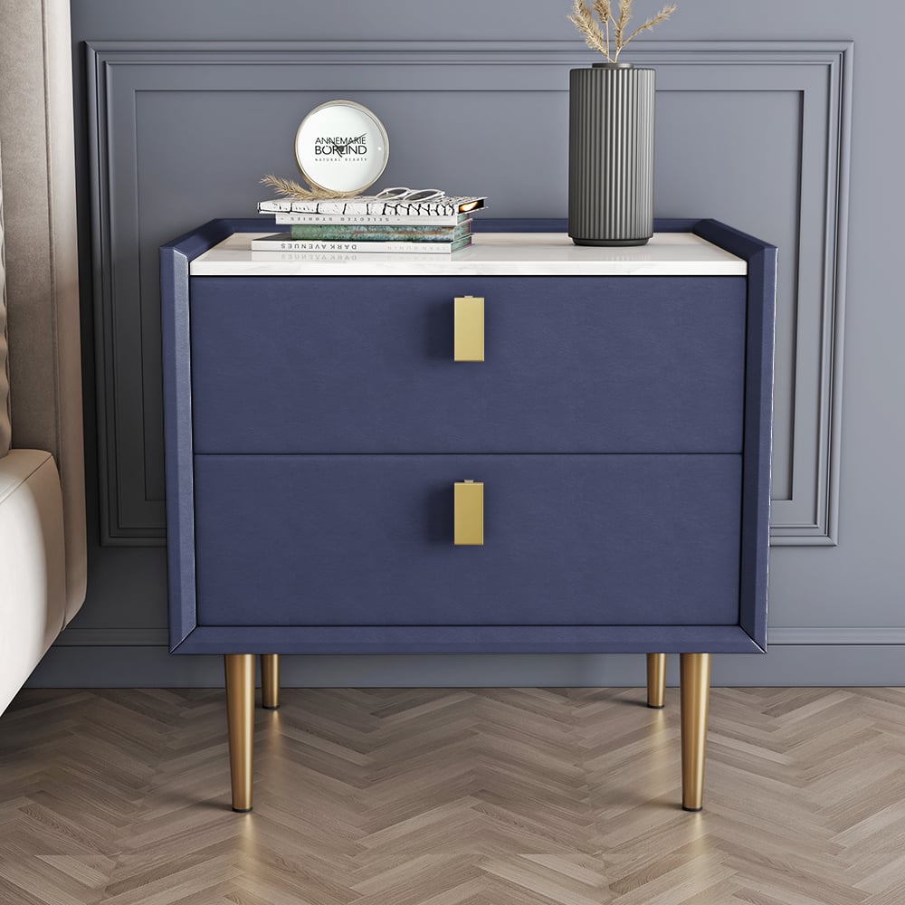 Modern Nightstand with 2 Drawers PU Leather Nightstand with Glod Legs Blue