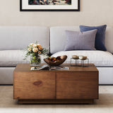 Japandi Square Coffee Table with 4 Drawers Storage & Wooden Pedestal Distressed