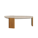 Modern Geometric Beige Outdoor Patio Travertine Coffee Table with Wood Stand in Walnut Walnut