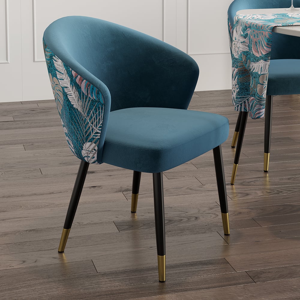 Upholstered Velvet Dining Chair Curved Back Modern Arm Chair Blue