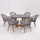 7 Pieces Teak Round Outdoor Concrete Dining Set with Gray Table Woven Armchair 6-Person Concrete Gray