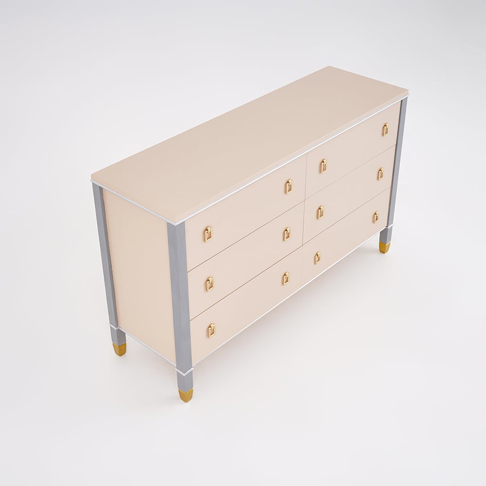 Solid Wood Dresser with Brass Accents – 6 Drawer Bedside Cabinet Champagne